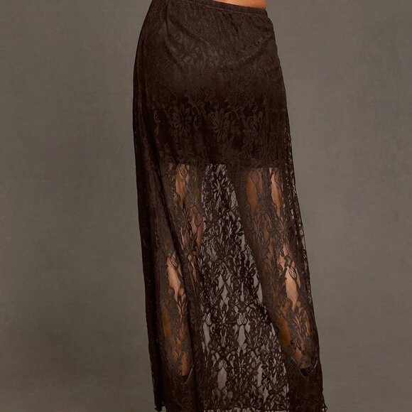 Coffee Brown Elegant Women's Sexy Long Wildflower Lace Skirt - Picture 2 of 6